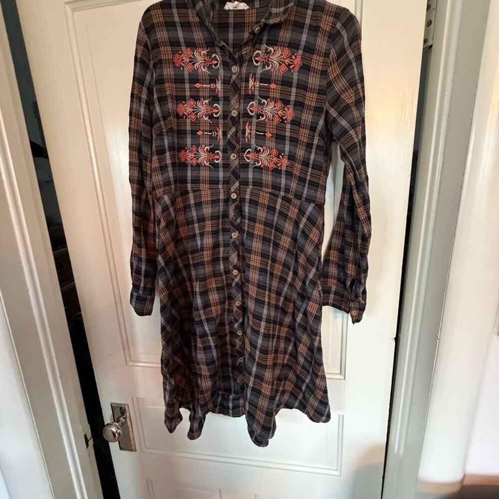 Mystree Plaid Embroidered Button-Down Shirt Dress Size M